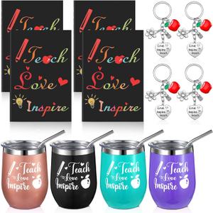 12 Pcs Teacher Appreciation Graduation Gifts Bulk for Women, Teach Love Inspire Tumbler Set 12 oz Wine Cup with Mini Journal Notepads Keychains Teachers Day Retirement(Dark Color)