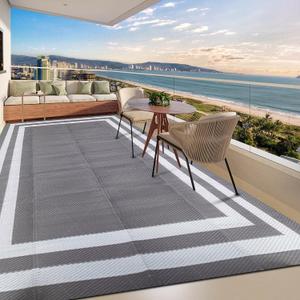 5'x 8' Outdoor Rug,Waterproof Reversible Patio Rugs,5x8 ft Plastic Straw Outdoor Carpet Foldable Plastic Camping Mat for Outside RV, Patio, Picnic, Camper, Balcony, Porch (White&Gray)