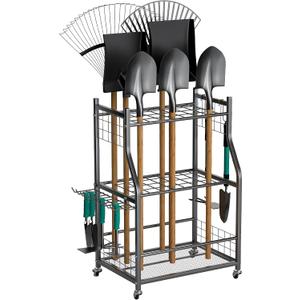 EVERHANGER Garden Tool Organizer Stand, Garage Tool Storage Organization, Yard Tool Racks with lockable wheels, Fit for Long-Handled Tools/Rakes/Brooms, Indoor/Outdoor Use, Medium