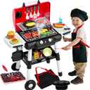 Kids Kitchen Toy Barbecue Grill Playset Cooking Interactive Toys with Smoke Sound Light Simulation Chef Apron Hat Little Chef Pretend Play Accessories Christmas Birthday Gift for Boys Girls