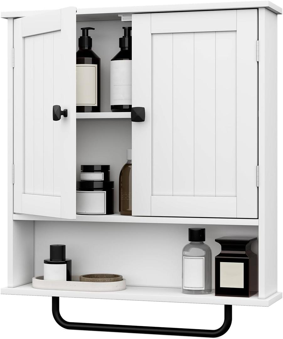 RRX Bathroom Cabinet Wall Mounted Medicine Cabinets with Towels Bar, Over The Toilet Storage Cabinet with 2 Doors and Adjustable Shelf, White Wall Cabinet for Bathroom Laundry Kitchen, 22 inches x 25.8 inches x 5.2 inches