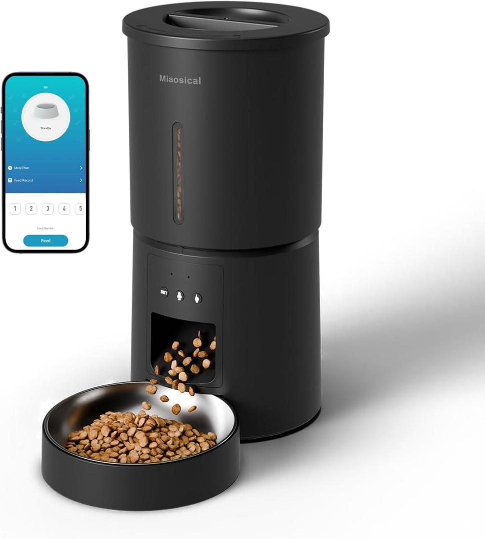 Miaosical Automatic Cat Feeder,2.4G WiFi Timed Auto Cat Food Dispenser with 10s Voice Recorder,Dual Power Supply,4.2L Auto Cats Feeder(Black, 4.2L WiFi Single Bowl)