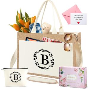 Birthday Gifts for Women Mothers Day Gifts for Mom Wife Grandma Daughter Sister Bridesmaid Initial Jute Tote Bag and Makeup Bag B