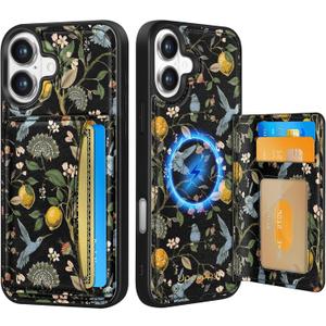 for iPhone 16 Wallet Case - Fits 4 Card Slots, Compatible with MagSafe for Women Aesthetic Durable PU Leather Credit Card Holder Kickstand Phone Cover for Apple 16, Lemon Bird