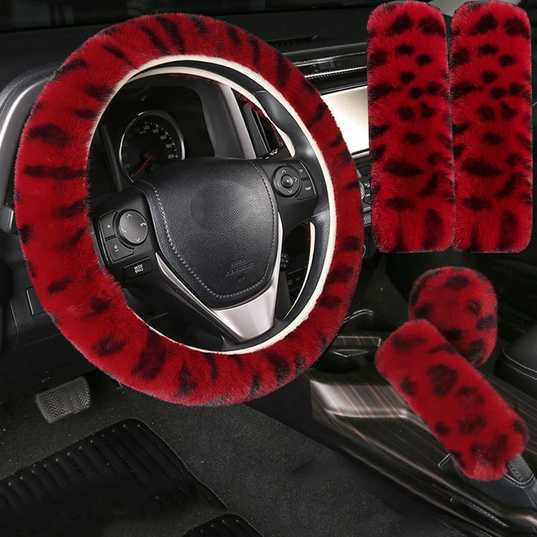 Pinbola 5pcs in 1 Set Faux Wool Steering Wheel Cover Soft Fluffy Handbrake Cover & Gear Shift Cover & 2pcs Seat Belt Shoulder Pads Warm Universal Fit for 15 Inch (L-Wine Red)