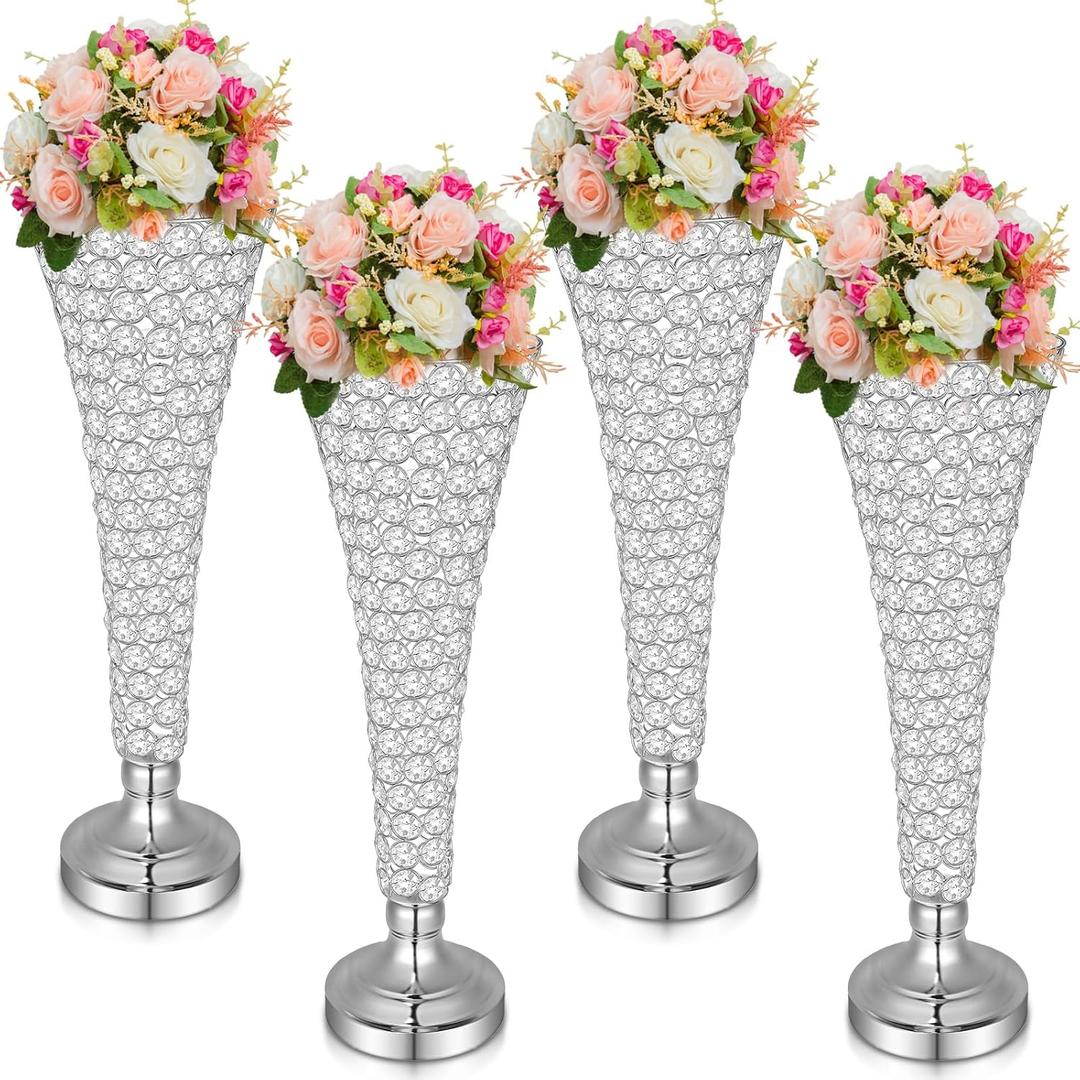 Rtteri 4 Pcs 20 Inch Tall Crystal Vase for Centerpieces Wedding Metal Crystal Trumpet Flower Vase Stand for Holiday Table Floor Wedding Banquet Celebration, Classic Elegance(Silver)