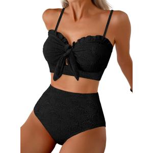 Herseas Women's Seashell Textured Bikini Sets Knotted Front 2 Piece Swimsuits Ruffle Trim Bathing Suits (Large, Black)