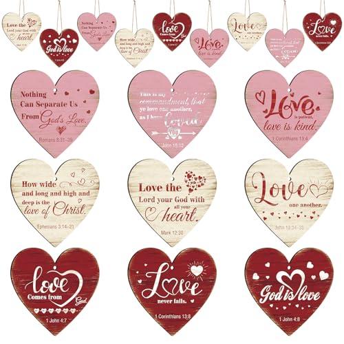 Beeveer 45 Pcs Christian Valentine's Day Decorations Wooden Bible Verse Heart Ornaments Hanging Religious Heart Shaped Valentines Tree Ornament with Rope for Church Gift Wedding Home Decor(Vintage)