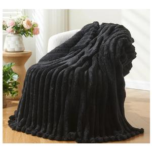Super Soft Throw Blanket Black Premium Silky Flannel Fleece 3D Ribbed Jacquard Lightweight Bed Blanket All Season Use (Black Ribbed, Throw)