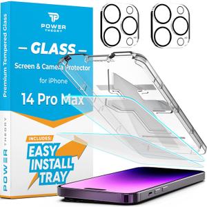 Power Theory Designed for iPhone 14 Pro Max Screen Protector and Camera Lens Protectors with Easy Install Kit [Premium Tempered Glass], [9H Hardness] 2+2 Pack