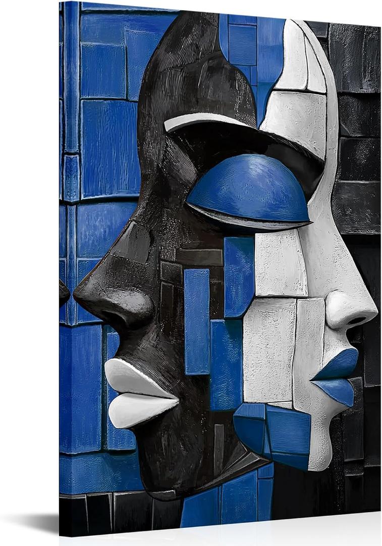 LyerArtork African American Canvas Wall Art 16x24 inch Navy Blue White Modern Abstract Portrait Face Picture Prints Neutral Artwork Wall Decor for Living Room Bedroom Office