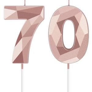 Nuanchu 70th Birthday Candles, Happy Birthday Cake Topper 3D Diamond Shape Numeral Sparkler Number Candles for Men Women Party Wedding Decoration Theme Party (Rose Gold)