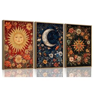ZZTCYSU Celestial Canvas Wall Art Sun Moon Star Framed Wall Art Vintage Floral Prints Gothic Mystical Artwork Astrology Boho Decor For Living Room Bedroom Bathroom 16"x24"