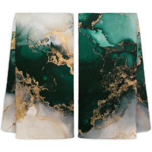 Green and Gold Kitchen Towels Set of 2, 16x24 in, Cotton/Linen, Multi-Purpose, Absorbent, Quick-Drying, Thoughtful Gift Idea