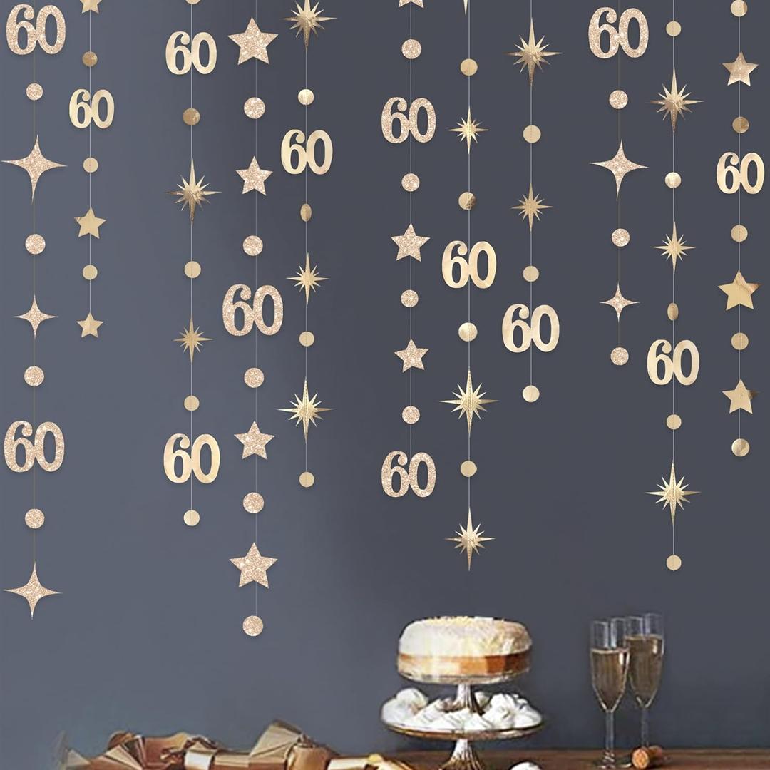 Champagne Gold 60th Birthday Decorations Number 60 Circle Dot Star Garland Metallic Streamer Banner for Women Mens Cheers to 60 Years Old Birthday Happy 60th Anniversary Vintage 1965 Party Supplies