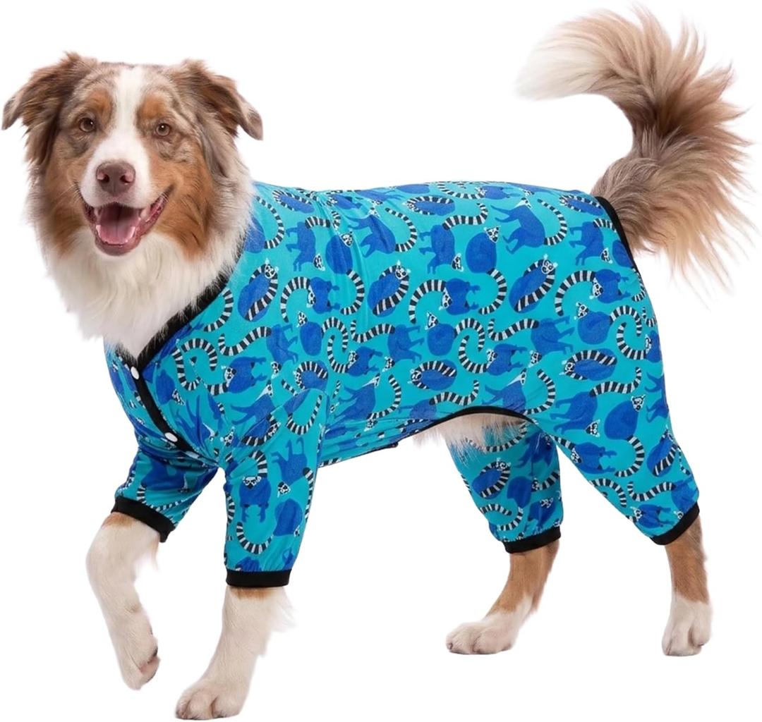 LovinPet Pitbull Pjs for Dogs Fall, Pet Anxiety Relief, Uv Protection Dog Clothes, Comfy Stretchy, Lightweight Fabric, Lemur Print, Large Dog Pjs, Pitbull Clothes,3XL (Blue)