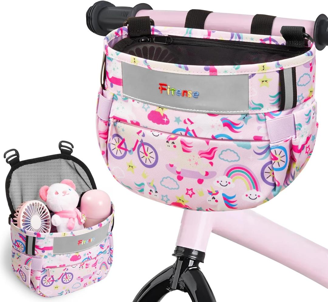 Fitense Kids Bike Basket, Bicycle Basket Front Handlebar, Waterproof Cute Fabric Children's Bike Basket, Kids Bike Accessories Fit Most Boys, Girls, Toddlers Bike or Scooter, Easy to Install, Pink Unicorn