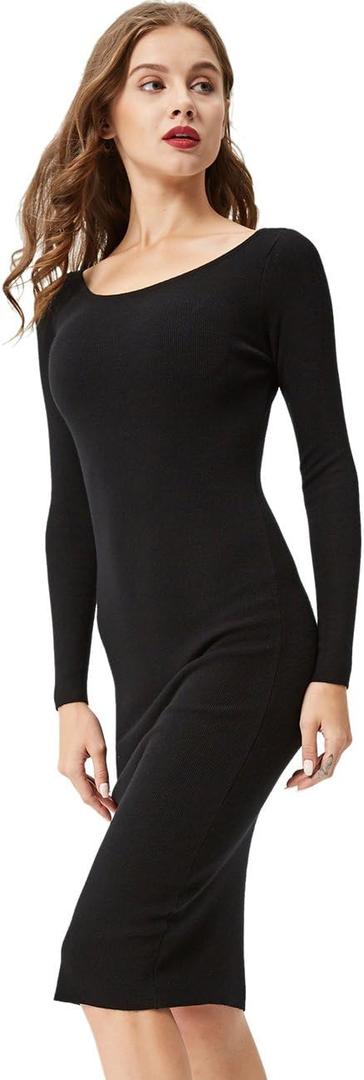 Women's Knee Length Long Sleeve Knitted Ribbed Screw Neck Bodycon Winter Sweater Dresses 2616 (Large, Black)
