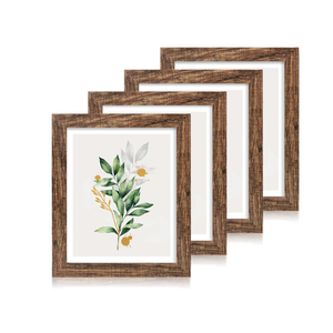 Hongkee 11x14 Picture Frame Set of 4, Made of Glass and Rustic Brown Wooden Frame, Display 8x10 Pictures with Mat or 11 x 14 Posters without Mat for Wall Mounting, Gallery Photo Frames