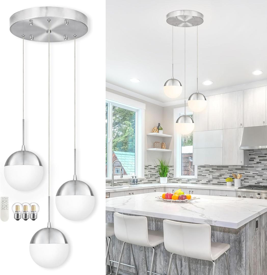 Nickel 3-Light Dimmable Modern Chandeliers for Dining Room Chandelier Frosted Milky White Glass Globe Height-Adjustable Cluster Pendant Lights Bedroom Dining Room (Bulb & Remote Incl)