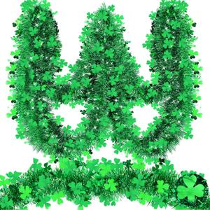 TURNMEON 33 Ft by 4.3" St. Patrick's Day Tinsel Garland Decoration with Shamrocks Green Clover Metallic Streamers St.Patrick's Day Decorations Outdoor Indoor Home Wall Door Window Irish Party Supplies