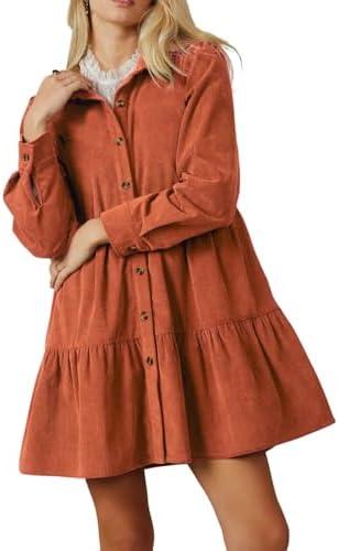 R.Vivimos Womens Fall Corduroy Dress 2026 Long Sleeve Button Down Tunic Mini Babydoll Dress with Pockets M