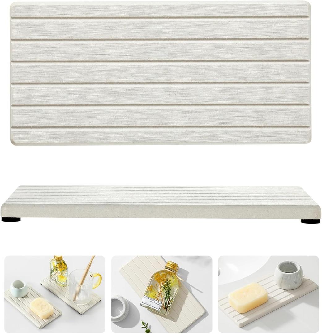Razborci 2 Pack Greige Bathroom Sink Vanity Trays, Diatomite Stone Kitchen Counter Caddy Dish Soap Dispenser Sponge Holder, Water Absorbing Mat Organizer for Plant,Cosmetic Bottle, Beige, 8"x3.8"