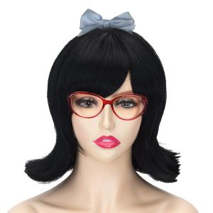 Flip Out Wig Black 50s and 60s Women Short Bob Halloween Hair Bow and Red Glasses Synthetic Bang Wig