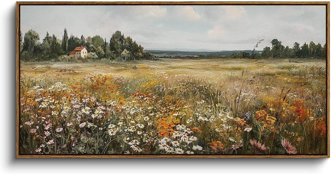 InSimSea Extra Large Framed Vintage Wall Art, Living Room Country Farmhouse Decor, Wildflower Meadow Landscape Canvas Prints, Retro Cottage Long Pictures for Bedroom Above of Bed, 20x40inch