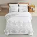 Sunshine Nicole Reversible Comforter Set, Brushed Microfiber Fabric with Embroidery for Front and Printed Microfiber Fabric for Reverse, 3 Pieces Grey White Queen