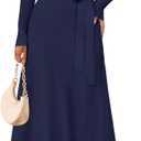 ZESICA Women's 2025 Spring Long Sleeve Crewneck Ribbed Knit High Waist Midi Sweater Dresses with Belt (Navy)
