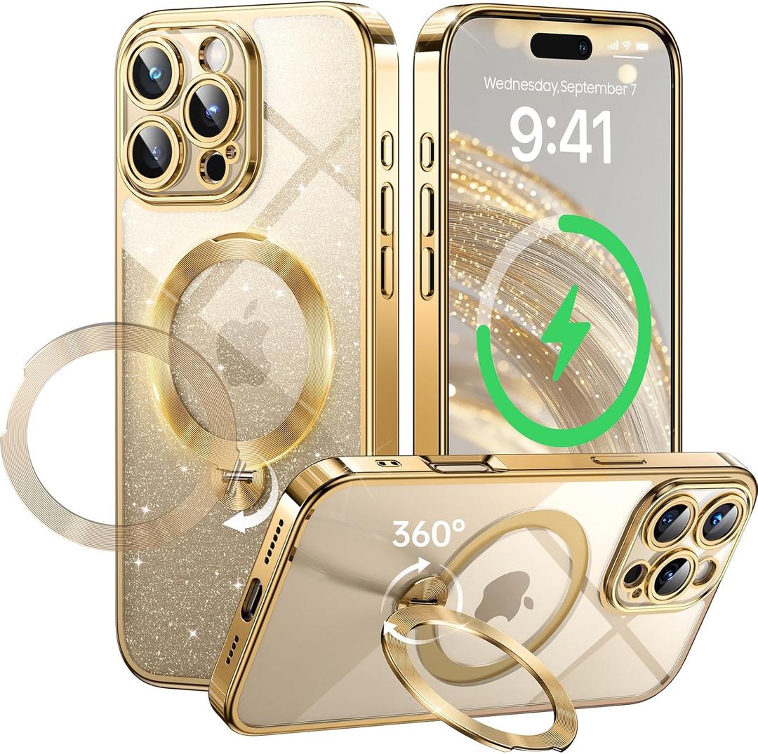 360 Spin CD Stand for iPhone 16 Pro Max Case Compatible with Magsafe Ring [Never Yellow][DIY Glitter Cardstock] Camera Protection Plating Clear Cute Phone Case for Women Girls 6.9'', Gold