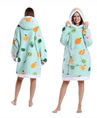 Wearable Blanket Hoodie for Women - Oversized Hooded Blanket as Christmas Birthday Gifts for Mom Girlfriend Fluffy Plush Blanket Sweatshirt with Big Front Pocket and Sleeves for Adult, Mint Fruits