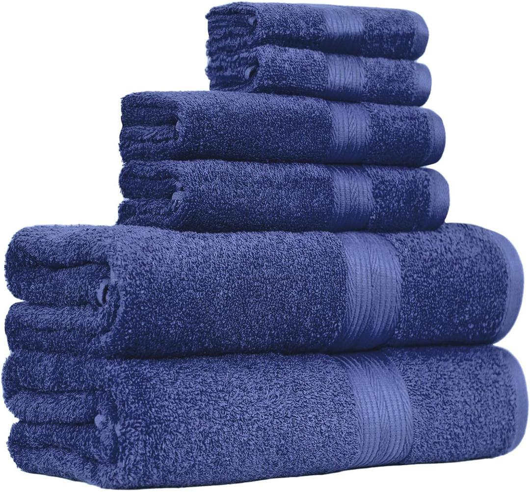 Amazon Basics 6 Piece Oversized Fade resistant Towel set, 100% Cotton towels for bathroom, soft and absorbent, 2 Bath Towels, 2 Hand Towels and 2 Washcloths bathroom towel set, Navy Blue