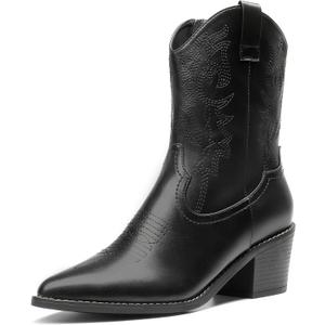 DREAM PAIRS Women's Cowboy Boots, Pointed Toe Chunky Heel, Zipper Pull-On Stitched Western Ankle Boots (9, Black)