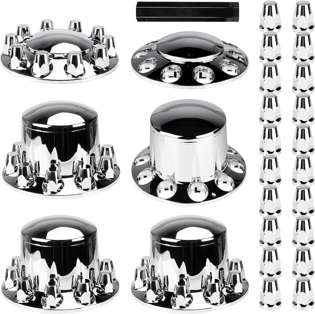 Aeagle Dome Axle Cover Combo Kits for Semi Truck Hubs w/Screw-On 33mm Lug Nut, ABS Plastic Chrome Plated, 2 Front & 4 Rear, 10 Hole Removable Caps, 6Pcs