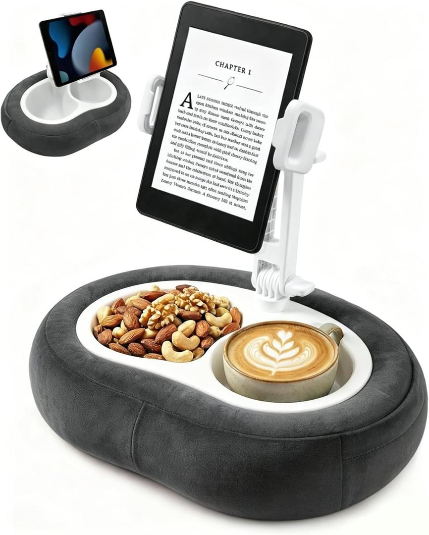 Miledi Tablet Pillow Stand, Compatible with 5"-12.9" Kindle, iPad, Phone/Tablet, 360 Rotating Phone Holder for Bed, Soft Plush Fabric, Detachable Bowl, Reading and Relaxation on Bed, Black