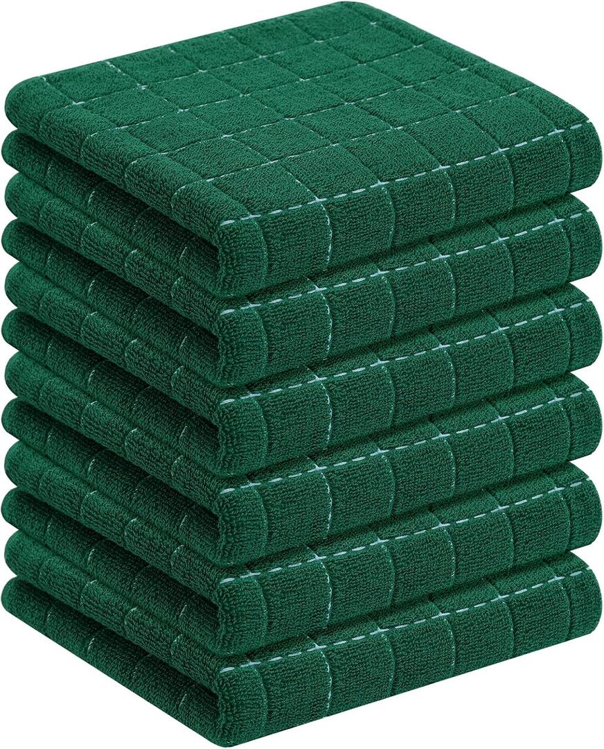 Homaxy 100% Cotton Terry Kitchen Towels(Dark Green, 13 x 28 inches), Checkered Designed, Soft and Super Absorbent Dish Towels, 6 Pack