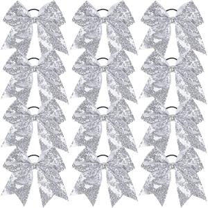 12 Pieces 8 Inch Pink Cheer Bows Glitter Jumbo Cheerleading Bow with Elastic Ponytail Holder Bow Hair Tie Band Hair Accessories for School Girls Toddlers