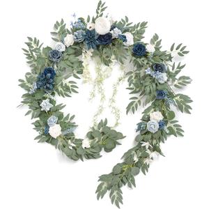Ling's moment 9FT Spring Flower Garland- Wedding Arch Flowers for Backdrop Decoration, Eucalyptus & Rose, Artificial Floral Garland for Mantle - Sweetheart Head Table Decor for Reception, Dusty Blue