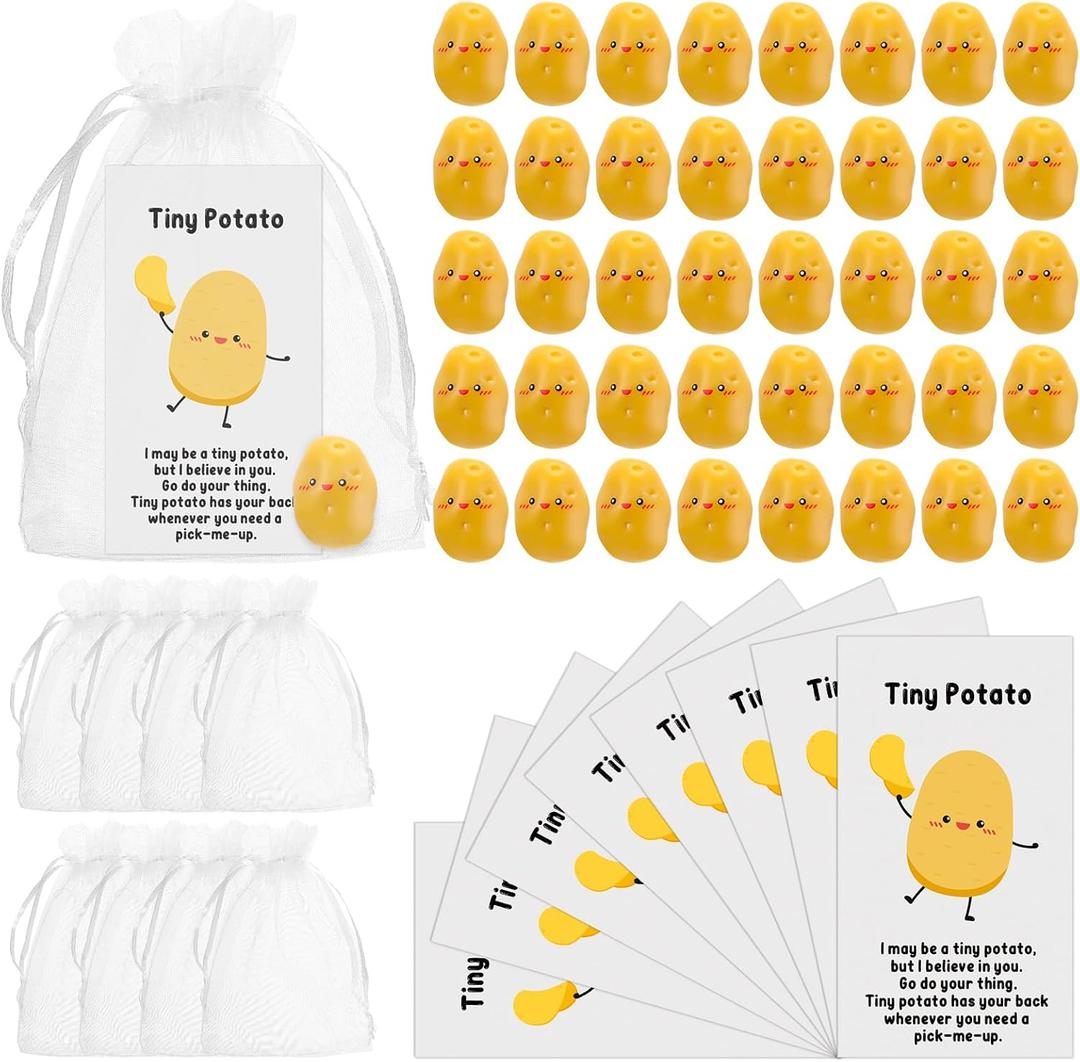 Huwena 50 Sets Positive Potato Gift Bulk Resin Cute Realistic Potato with Funny Card Organza Bag Inspirational Support Gift for Thanksgiving Christmas Party Favors Employee Coworker Student Teacher