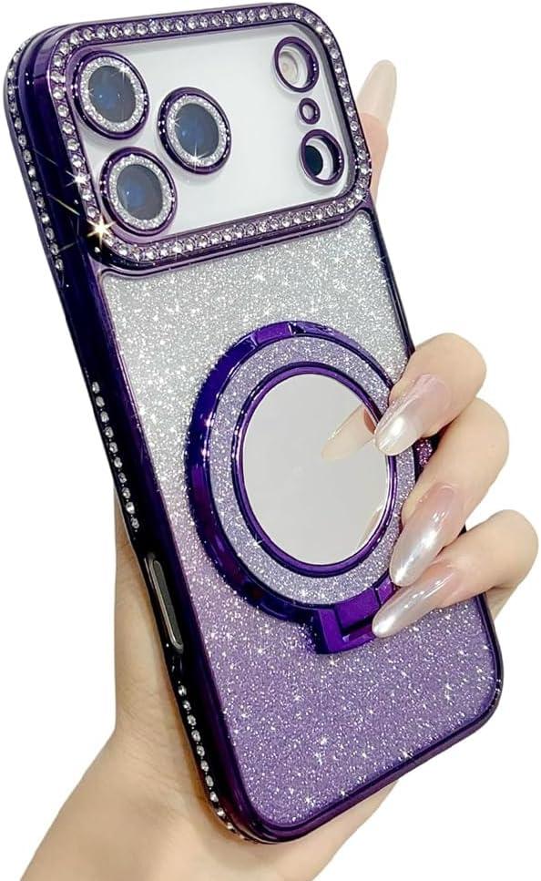 for iPhone Case,Electroplated Glitter Bling Sparkle Diamond Ring Bracket Mirror Magnetic Case for iPhone, Compatible with MagSafe Wireless Charging (iPhone 14 Plus,Purple)