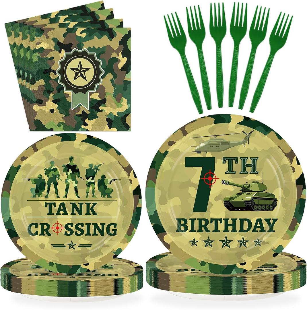 96Pcs Camo 7th Birthday Party Supplies Army Military Themed Plates and Napkins Green Camouflage Military Disposable Tableware Set for 7 Year Old Boys Birthday Party Decorations Serves 24