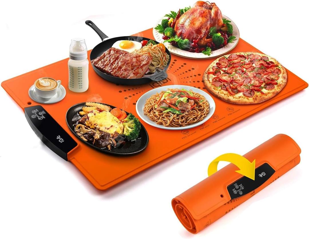 Food Warming Mat, Large Electric Warming Tray with 7 Temperature Settings 2-12H Timer and Child-Lock Fast Full Surface Heating Roll Up Food Warmers for Parties Buffet Gatherings Countertop (Orange)