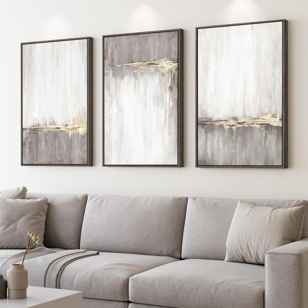 Large Framed Neutral Abstract Wall Art for Living Room, 3 Piece Gray Tan White Gold Canvas Prints, Modern Minimalist Grey Landscape Painting Artworks for Entryway Hallway Office Wall Decor, 24x36 In, 24" W x 36" H x 3Pcs
