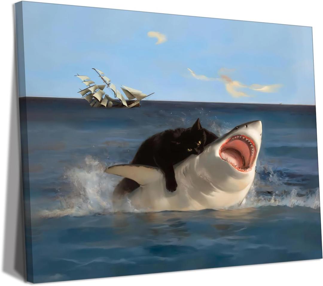 Yaneiro Framed Black Cat Bathroom Wall Art, Funny Quirky Cat and Shark Pictures Canvas Print, Abstract Black Cat Shark Posters Wall Decor for Room Bedroom Living Room Bathroom 12x16 in