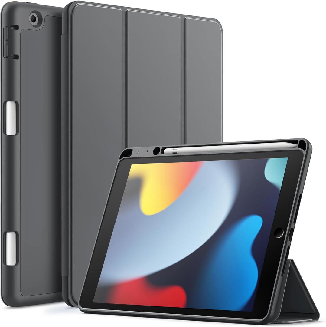 JETech Case for iPad 10.2 Inch 2021/2020/2019 (9th/8th/7th) Model with Pencil Holder, Slim Tablet Cover with Soft TPU Back, Auto Wake/Sleep (Space Gray)