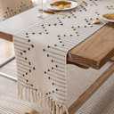 Joyfol Day Boho Table Runner, Farmhouse Stripe Cotton Table Runners with Tassels for Home Dining Table Decor, Rustic Natural Woven Dresser Scarf (Beige&Black,13 x 36 Inch)