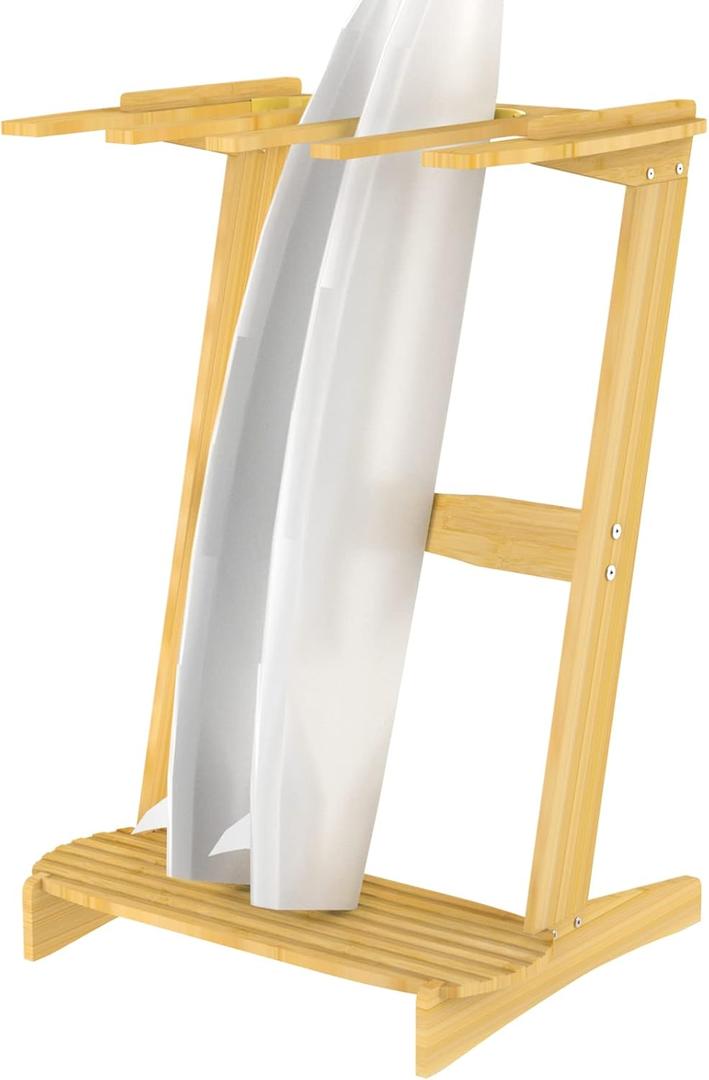 Surfboard Rack, Bamboo Surf Stand - Vertical Surf Board Holder of Free Wall Mount, Freestanding Display Rack for Shortboard, Snowboard, Skateboard, Ski and Wakeboard
