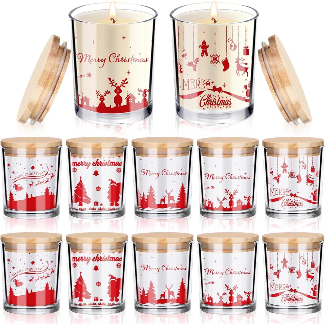 Ziliny 10 Pcs Christmas Glass Candle Jars Empty Containers Bulk 7 oz Glass Jars with Cork Lids Tins for Candle Making Storing Biscuits Tea Party Favors(Christmas)